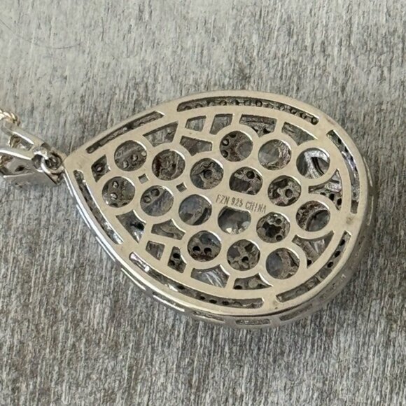 FZN 925 Sterling Silver Necklace w Filigree Teardrop Crystals Pendant 13" long - Picture 14 of 16